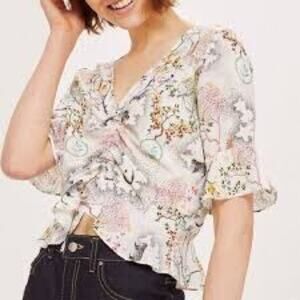 TopShop White Floral Leopard Ruched Crop Top Sz.4
